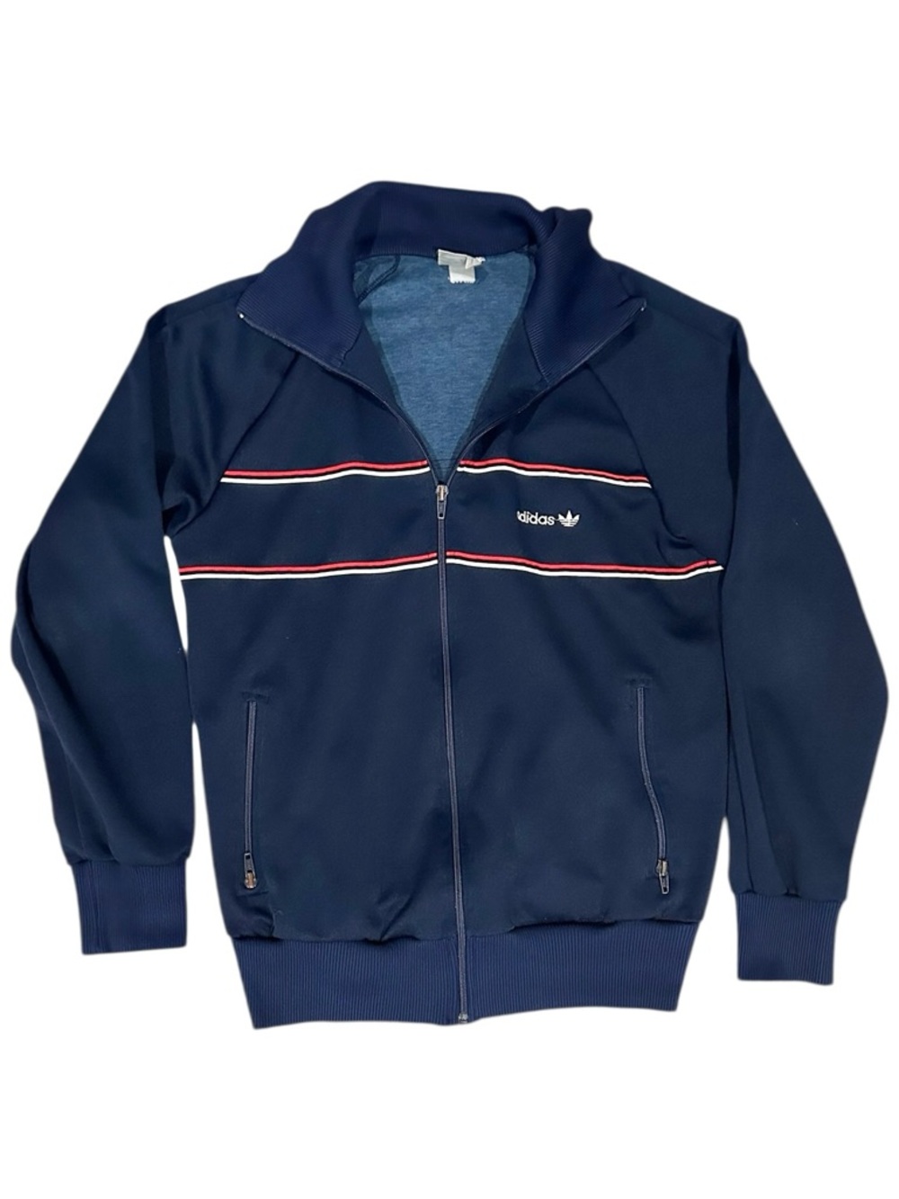 Adidas Vintage 80s Navy Blue Trefoil Full Zip Track Jacket Mens Womens Small